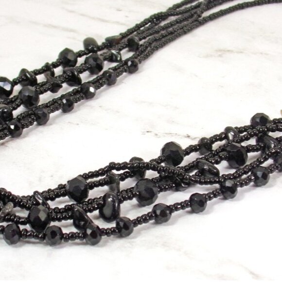 Black glass and shell bead multi strand necklace created with five bead strands - Picture 7 of 9